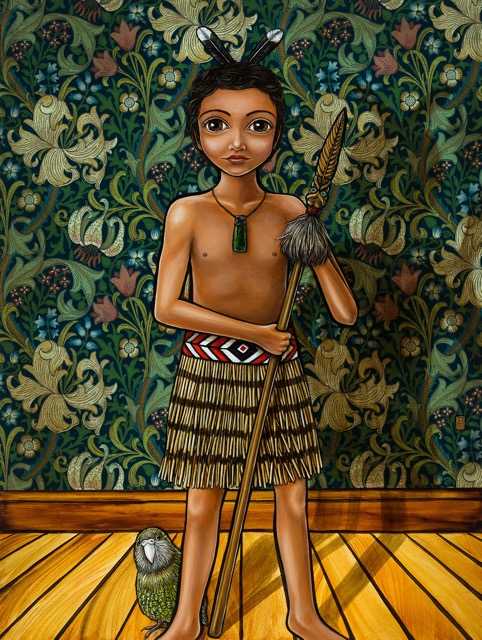 'Courage' 90cm x 120cm on board with William Morris wallpaper. Taking expressions of interest. These will be sold as a pair.