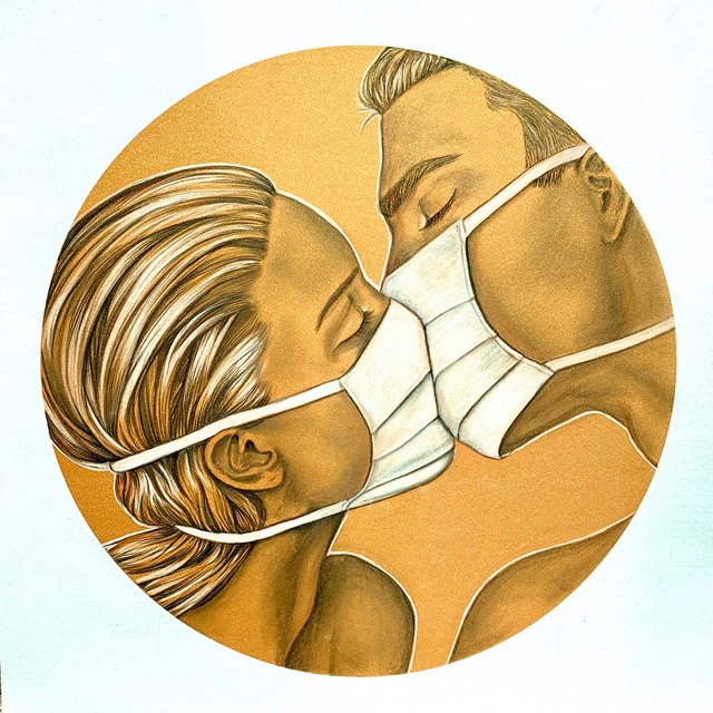 'Covid Kiss' Mixed Media on paper, framed. 40x40cm