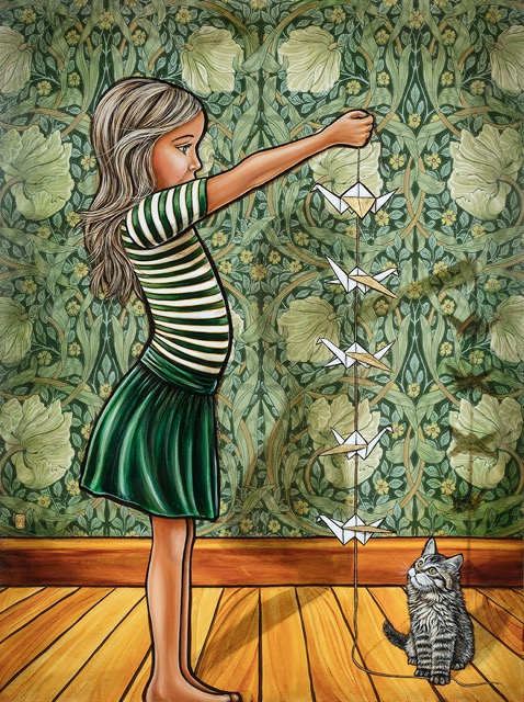 'Origami Birds' Acrylic on board with William Morris wallpaper